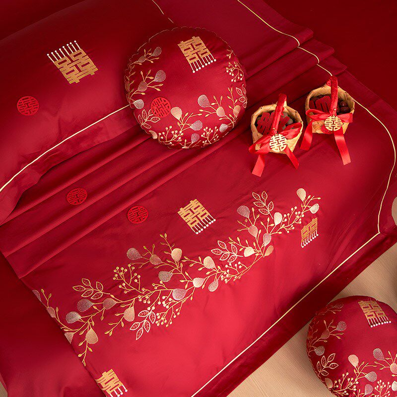 浪漫婚庆全棉床单四件套红色100支大红刺绣婚嫁被套床上用品陪嫁