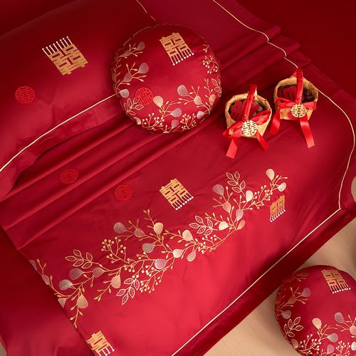 浪漫婚庆全棉床单四件套红色100支大红刺绣婚嫁被套床上用品陪嫁