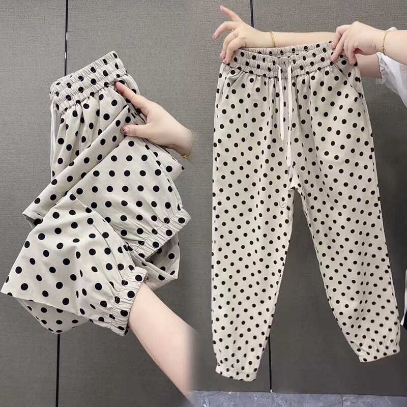 波点束脚裤女夏季薄款2024新款高腰显瘦宣麻休闲哈伦九分萝卜裤子