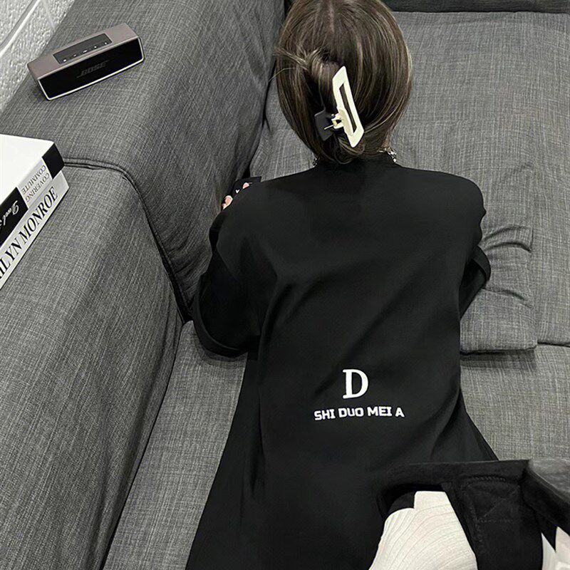 欧货大版长款纯棉短袖t恤女设计感下衣失踪小众上衣黑色潮牌体恤