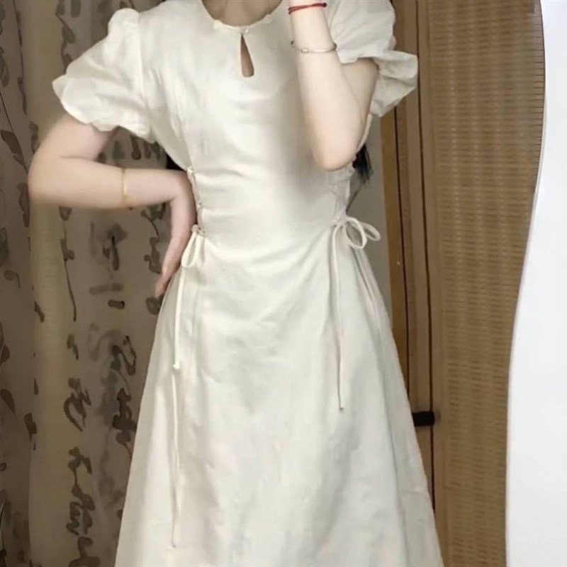 新中式甜美绑带连衣裙女学院风气质宽松显瘦短袖收腰初恋A字裙子