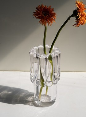 OOOOH!简约现代风竖纹花瓶透明水晶玻璃花器果盘桌面摆件