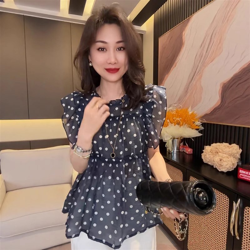 法式复古波点衬衫女2025夏季新款宽松荷叶边娃娃衫飞飞袖雪纺上衣