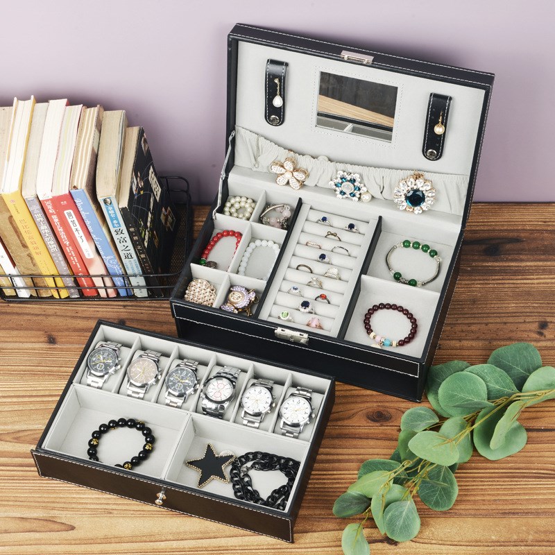 现货欧式双层pu皮首饰盒防尘饰品收纳盒多功能轻奢珠宝盒