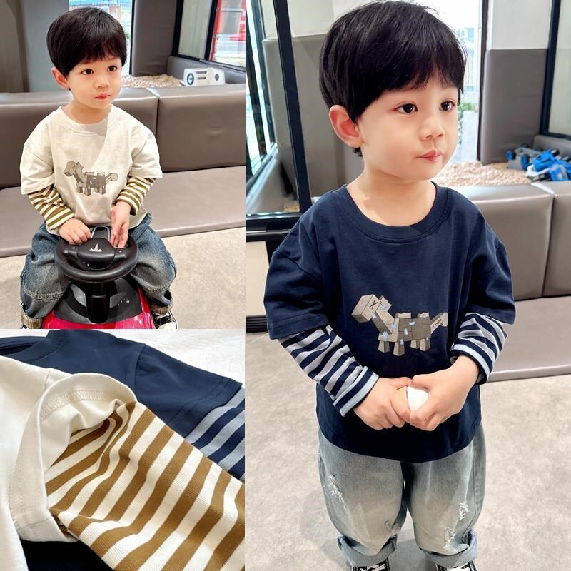 洋气假两件~男童纯棉卡通长袖T恤2025春款中小童宝宝春秋休闲上衣