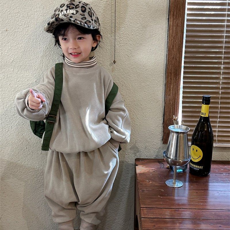 暮晨家新款冬装2023男童假两件加绒高领卫衣儿童加厚阔腿裤两件套