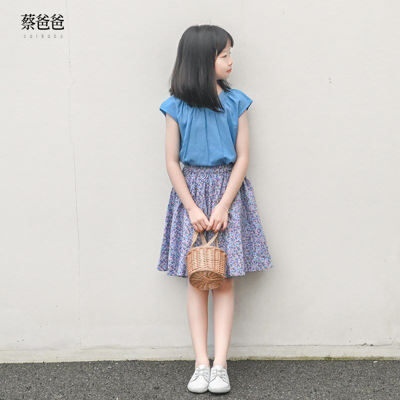 蔡爸爸童装 2024新款全棉夏装女儿童时尚蓝紫碎花半身裙子555+215