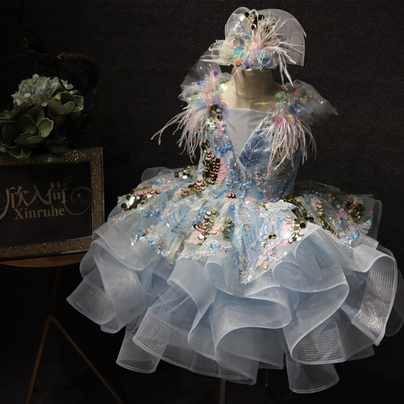 儿童蓝色短款奢华亮片儿童礼服演出服裙蓬蓬裙花童快乐阳光主持