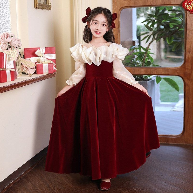 女童红色高端晚礼服儿童轻奢小众生日公主裙主持人钢琴演奏演出服
