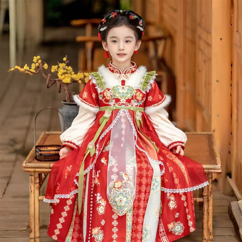 汉服女童冬季新款古风超仙连衣裙儿童唐装襦裙加厚绒公主裙拜年服