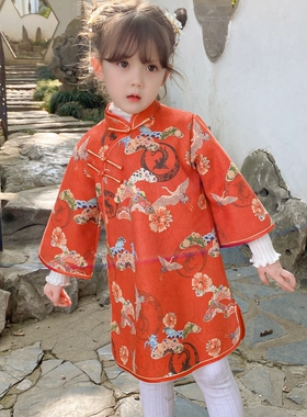 儿童秋款旗袍宽松红色唐装女童复古连衣裙女孩秋装花朵外套礼服