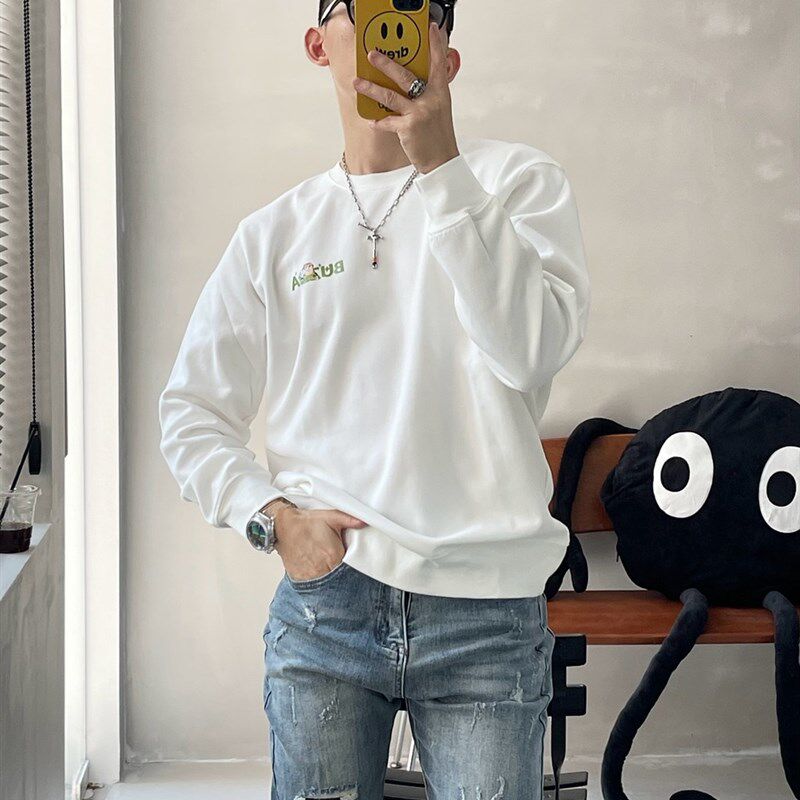 美式卡通印花圆领薄款男士卫衣春秋新款潮牌宽松男生无帽长袖上衣