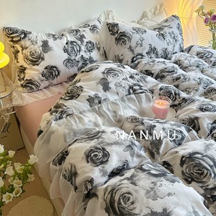 仙气飘飘法式浪漫玫瑰花纯棉四件套雪纺花边复古田园风全棉1.8m