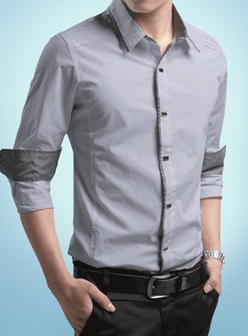 灰色按扣式衬衫男长袖夏季薄款村子耐脏领大码200斤拼色西装衬衣
