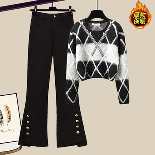 冬季冬冬装小个子设计感针织毛衣阔腿裤子气质女神范套装两件套女
