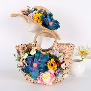 手工花朵女款 夏天然草编包沙滩包单肩旅行编织包手提拍照度假草包