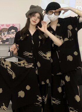 情侣款睡衣女高级黑色扎染夏季男纯棉短袖宽松家居服三件套可外穿