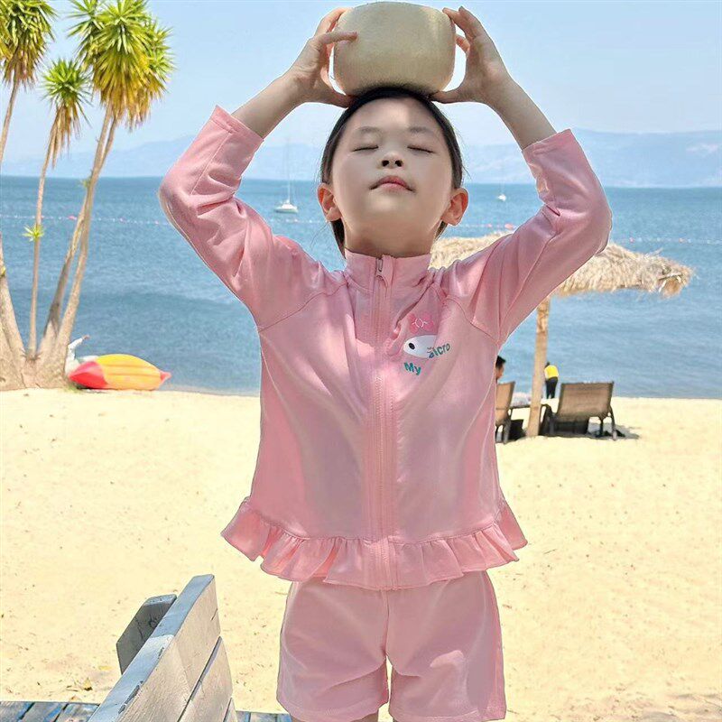 女宝宝游泳衣儿童夏季拉链飞边泳衣泳裤女孩卡通速干海边度假套装