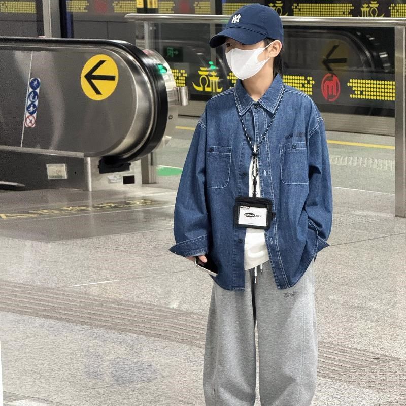 男童衬衫儿童外套春秋小男孩牛仔衬衣长袖春款男孩春装2025新款潮