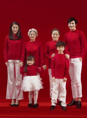 新款影楼全家福摄影服装红色中国风主题一家六口家庭拍照亲子服装
