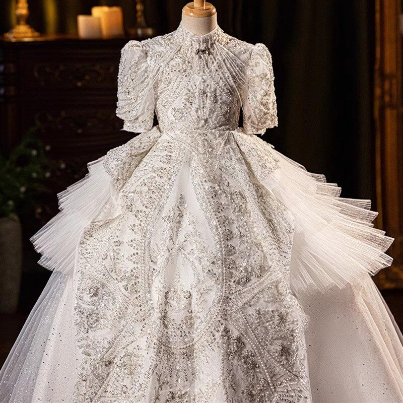 女童生日晚礼服白色亮片公主裙高端洋气儿童主持人走秀演出服春夏