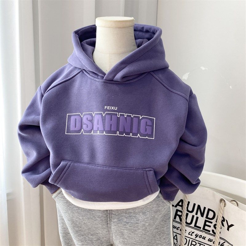 男童卫衣加绒连帽2024新款秋冬季带帽儿童上衣男孩韩版潮中童小童