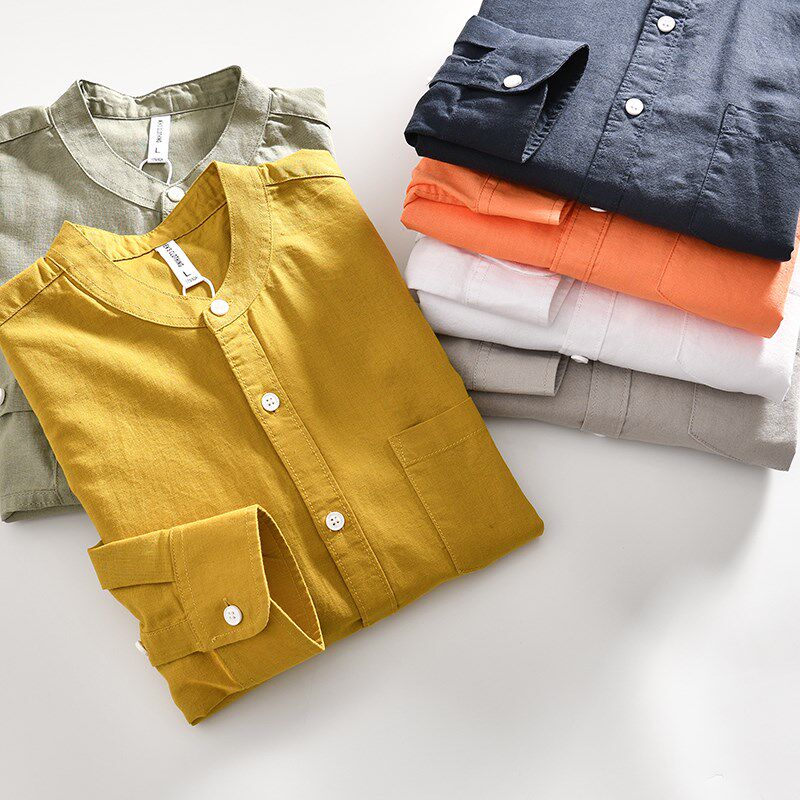 自带凉感!天然亚麻!外贸男士春夏吸汗透气纯色休闲立领长袖衬衫