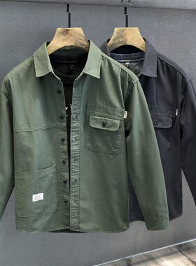 陆地棉酵洗军绿色美式复古工装衬衫外套男生休闲长袖衬衣纯棉夹克