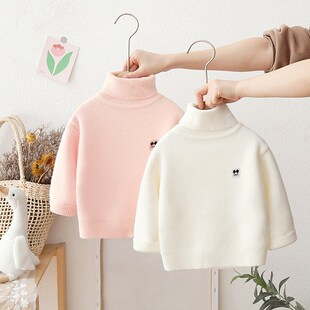 儿童毛衣一体绒高领加厚打底衫冬季男女童宝宝套头白色加绒针织衫