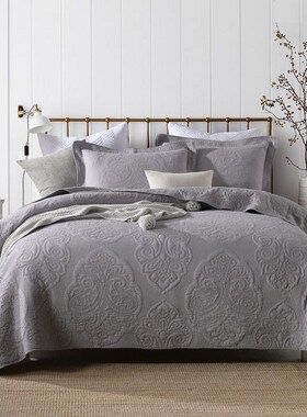 外贸欧式c绣花灰色单件纯棉绗缝被全棉床盖三件套加大夹棉床单床