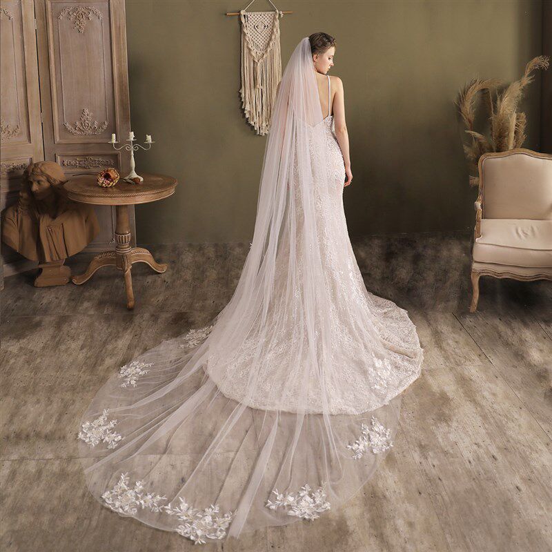 V830超仙长款蕾丝花朵拖尾教堂仪式婚礼旅拍道具婚纱头饰新娘头纱