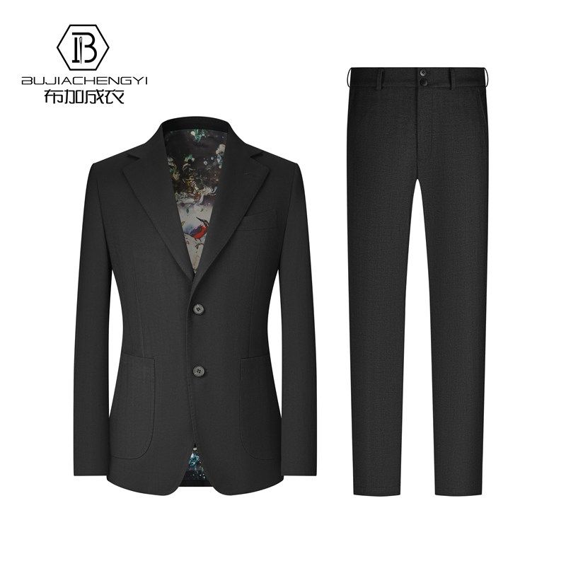 西服套装厚款男士2025新秋冬季人字纹正装商务职业装新郎结婚黑色