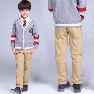 男童米色裤子秋冬款长裤儿童卡其色学生校裤男孩休闲裤子加绒加厚