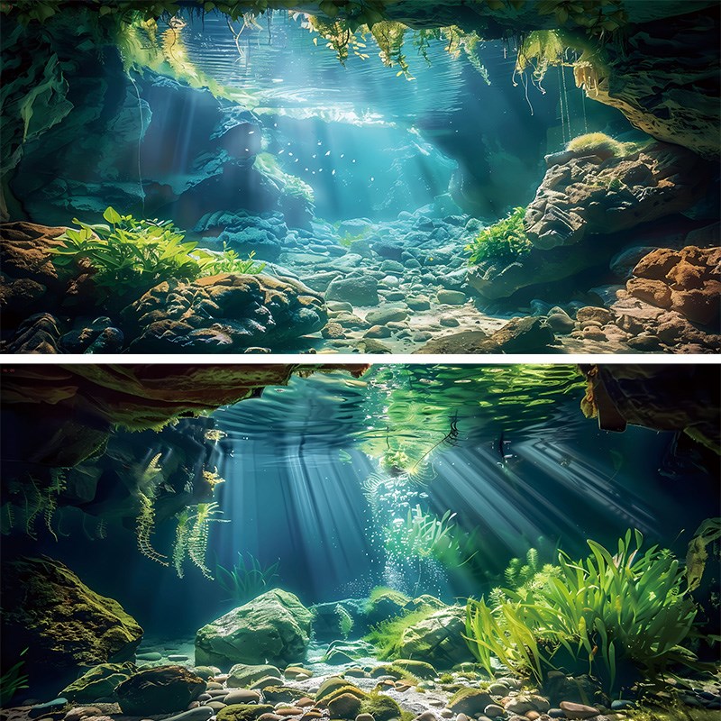 新款Ai油画鱼缸背景贴纸壁纸新款布景画洞穴正面胶外贴定制