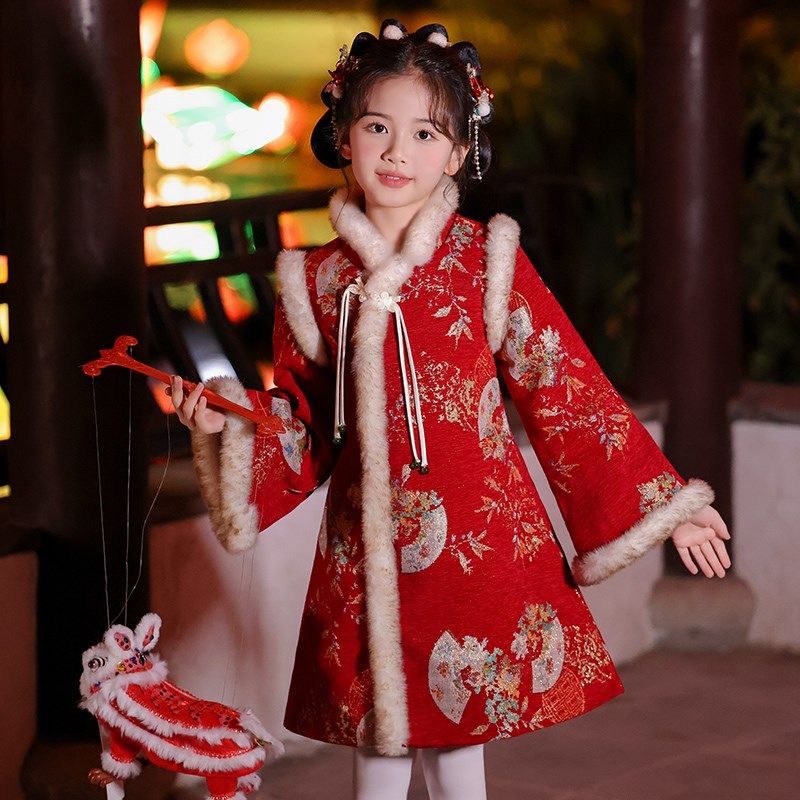女童汉服中国风红色加厚新年旗袍裙子2025新款儿童过年衣服拜年服