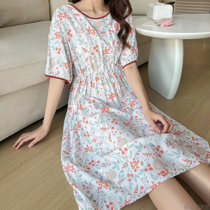 妈妈睡裙女纯棉绵绸睡q衣女夏季可外穿家居服可收腰松紧显瘦连衣