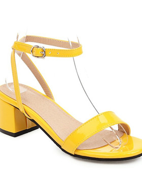 糖果色漆皮露趾粗跟女鞋蓝色黄色中跟凉鞋大码45 46 47 48 49 50