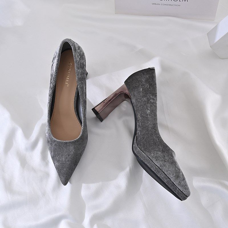 防水台高跟鞋女2025新款银灰色浅口高跟单鞋气质高级不累脚粗跟