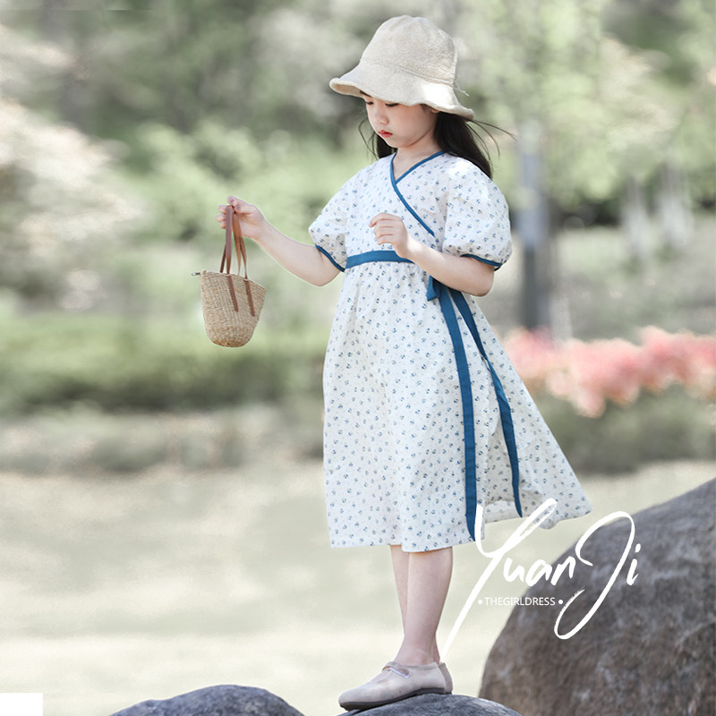夏季女童连衣裙小仙女森系碎花纯棉长裙子复古斜襟汉服裙女孩童装