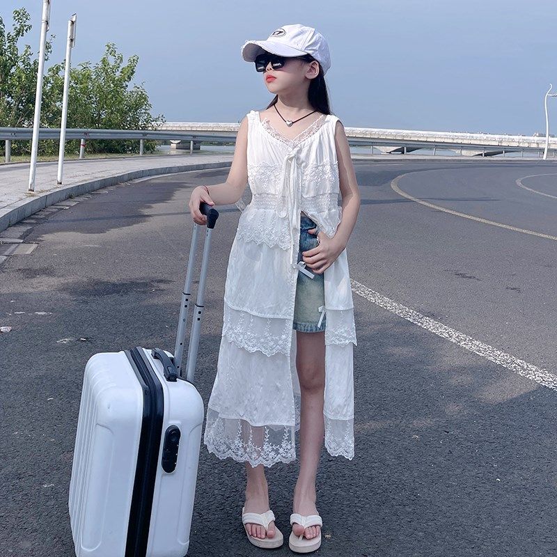 女童连衣裙夏季蕾丝花边长裙时尚吊带背心裙韩系设计感叠穿开叉裙