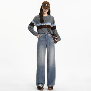 若纤 Pretty Silhouette猫须磨白牛仔裤女2025秋季新款高腰阔腿裤