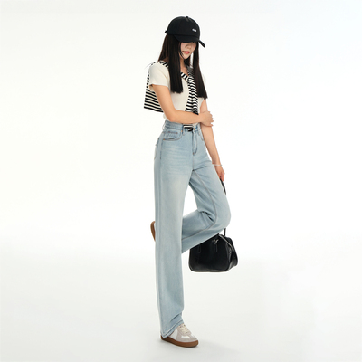 若纤原创设计字母刺绣阔腿直筒裤