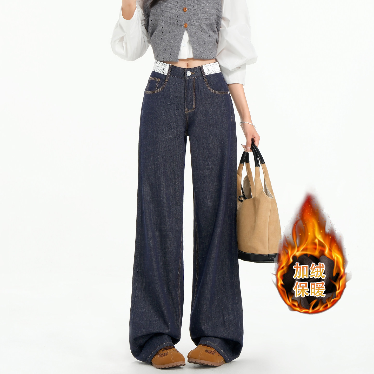 丹宁色蕾丝加绒加厚阔腿牛仔裤女