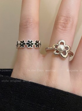 黑色滴釉珍珠小花朵开口戒指女复古气质食指戒高级感百搭小众指环