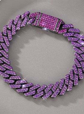 勾签rapperhippo欧美性古巴链紫色项链夸张满钻嘻哈手链说唱炫酷