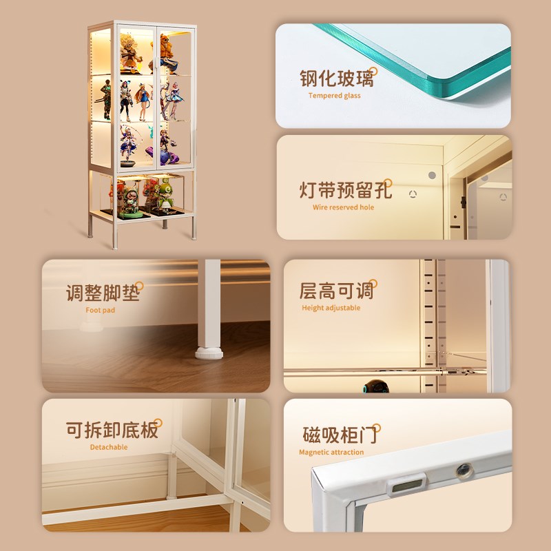 带锁手办展示柜玻璃门痛柜钢制防尘模型陈列柜铁皮储物柜收纳柜子