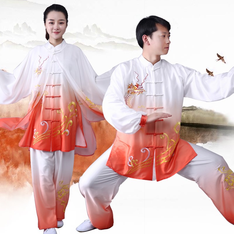 太极服披纱刺绣渐变色绣花武术表演比赛太M极拳练功服三件套装男