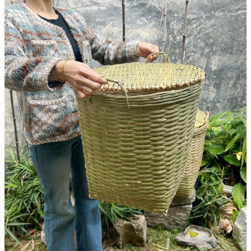 竹制品手工编织茶叶采摘竹篓竹编带盖箩J筐储物水果粮食收纳竹篮