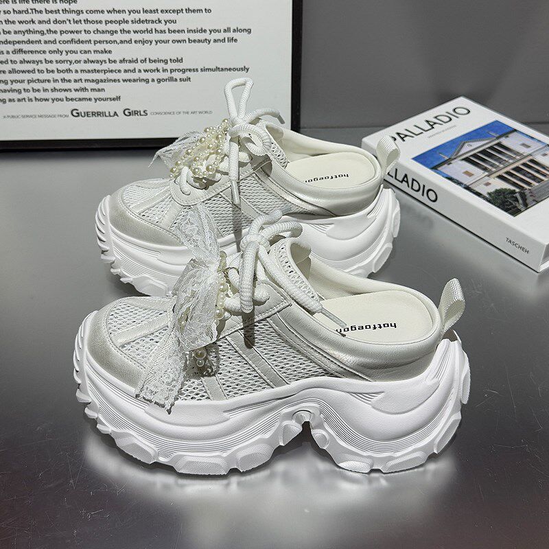 超轻便厚底包头半拖鞋女2025夏季E新款透气内增高女鞋网面老爹凉