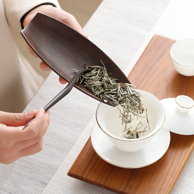 黑檀木茶则三件套实木赏茶荷茶拨茶夹茶勺子功夫茶V具配件茶道高